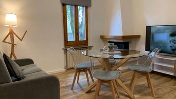 Ein modernes Wohnzimmer mit einem Glastisch, transparenten Stühlen, einem grauen Sofa, Holzboden, Kamin und einem Fernseher auf einem Schrank.