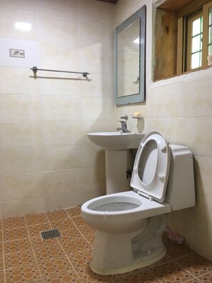 A bathroom with a toilet, sink, and mirror.