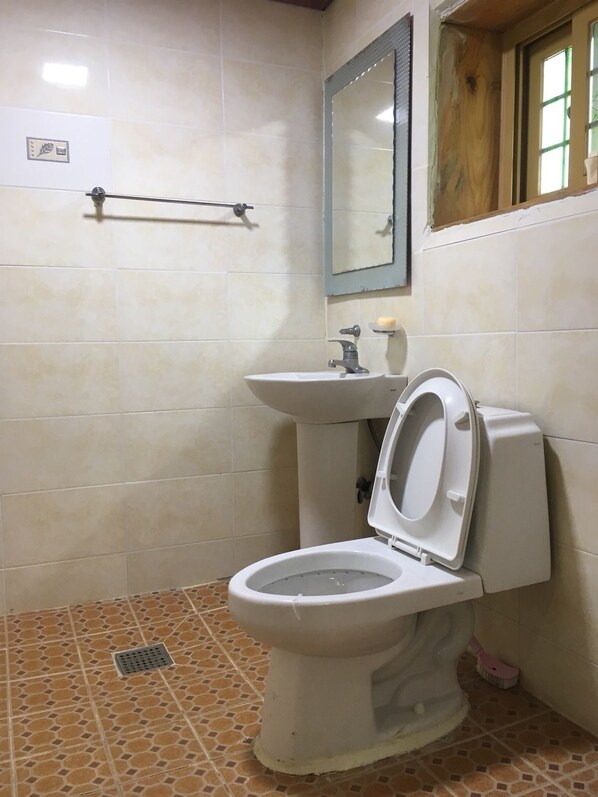 Une salle de bain avec des toilettes, un lavabo et un miroir.