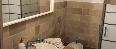 A bathroom with a large sink, a mirror, a shower enclosure, and a toilet.