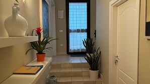 A hallway with a white door, a window with a curtain, and potted plants on the floor.
