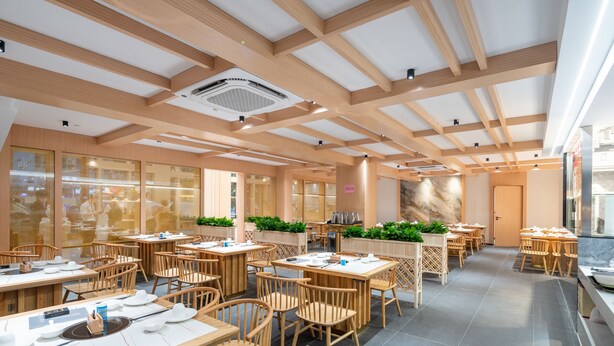 A restaurant with wooden tables and chairs, a tiled floor, and a ceiling with wooden beams. - Guangzhou BoYi Hotel (Guangzhou)