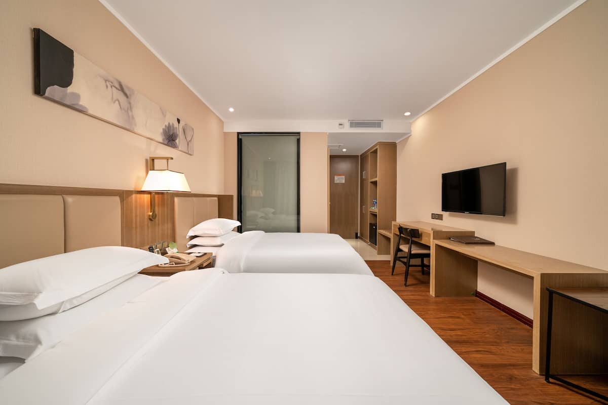 Habitación de hotel con dos camas, un escritorio, una silla, un televisor y un cuadro en la pared.