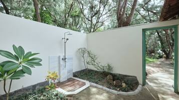 A spa area with a shower, a wooden deck, and a garden with various plants.