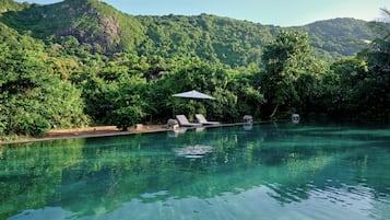 Una piscina al aire libre, sombrillas, sillones reclinables de piscina