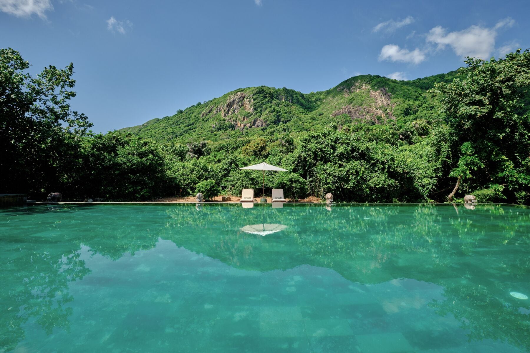 Outdoor pool, pool umbrellas, pool loungers