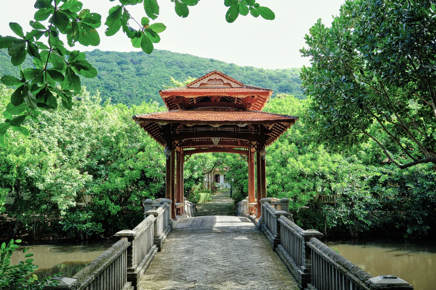 A traditional wooden pavilion with a tiled roof, surrounded by lush greenery and a stone pathway leading through a forested area.