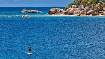 A person paddleboarding on a clear blue sea with rocky formations and palm trees in the background.