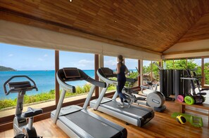 A gym with treadmills, exercise equipment, and a view of the ocean.