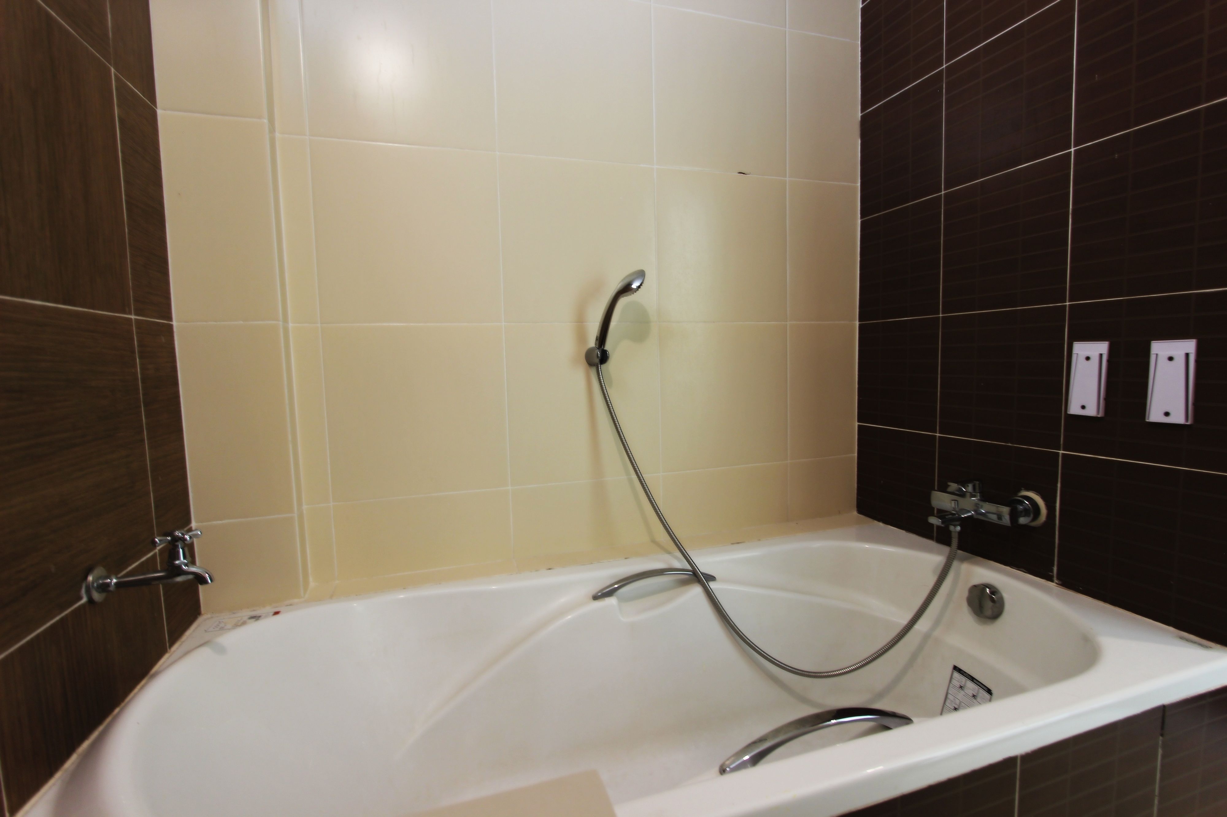 A bathtub with a handheld showerhead, a wall-mounted faucet, and a control panel.
