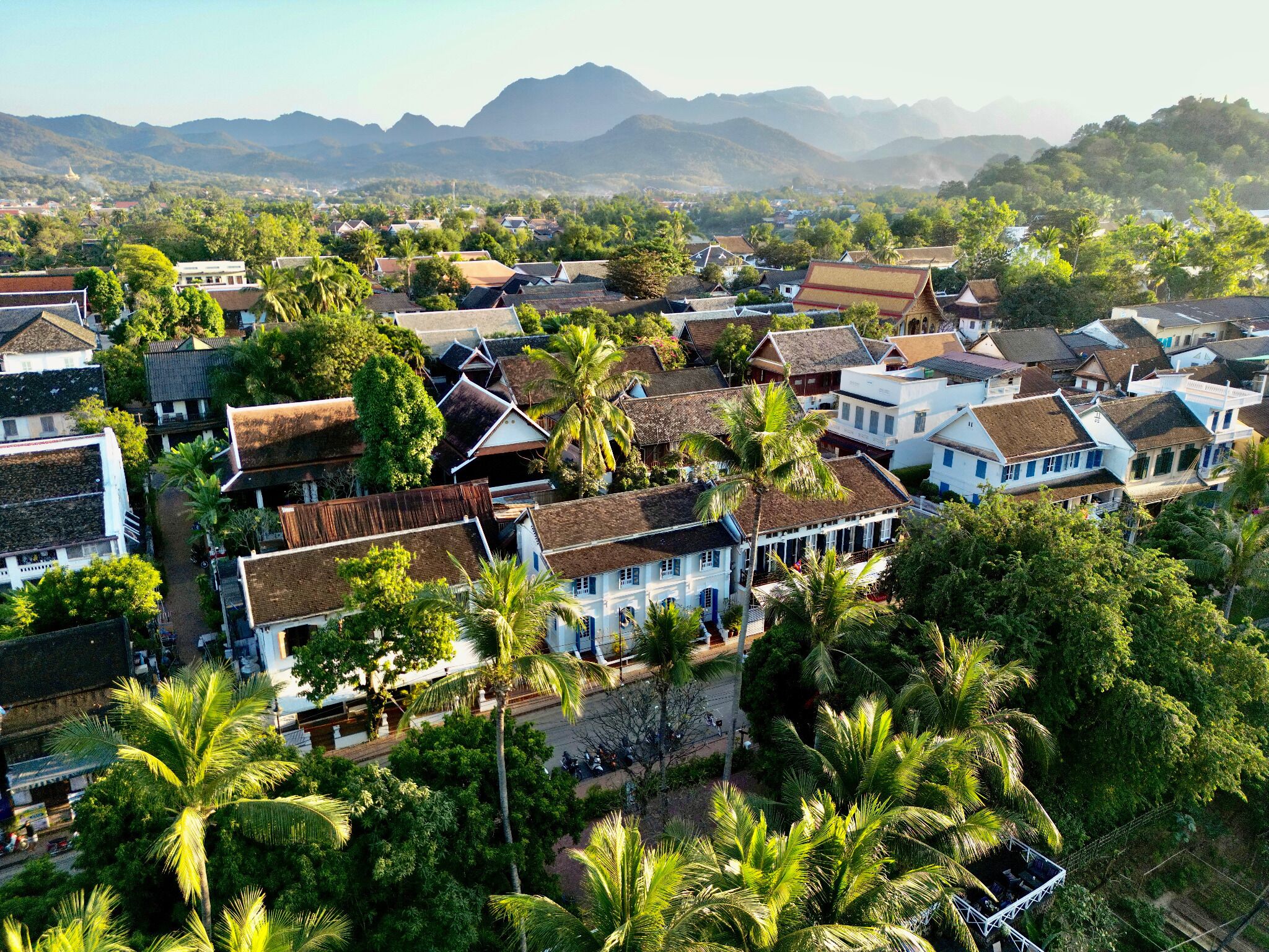 A residential area with traditional architecture, surrounded by lush greenery and mountains in the background.