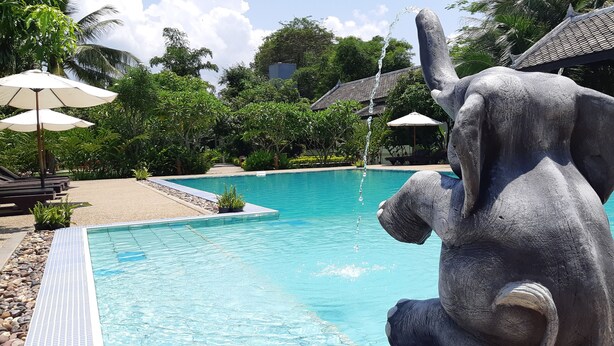Piscina externa, guarda-sóis, espreguiçadeiras