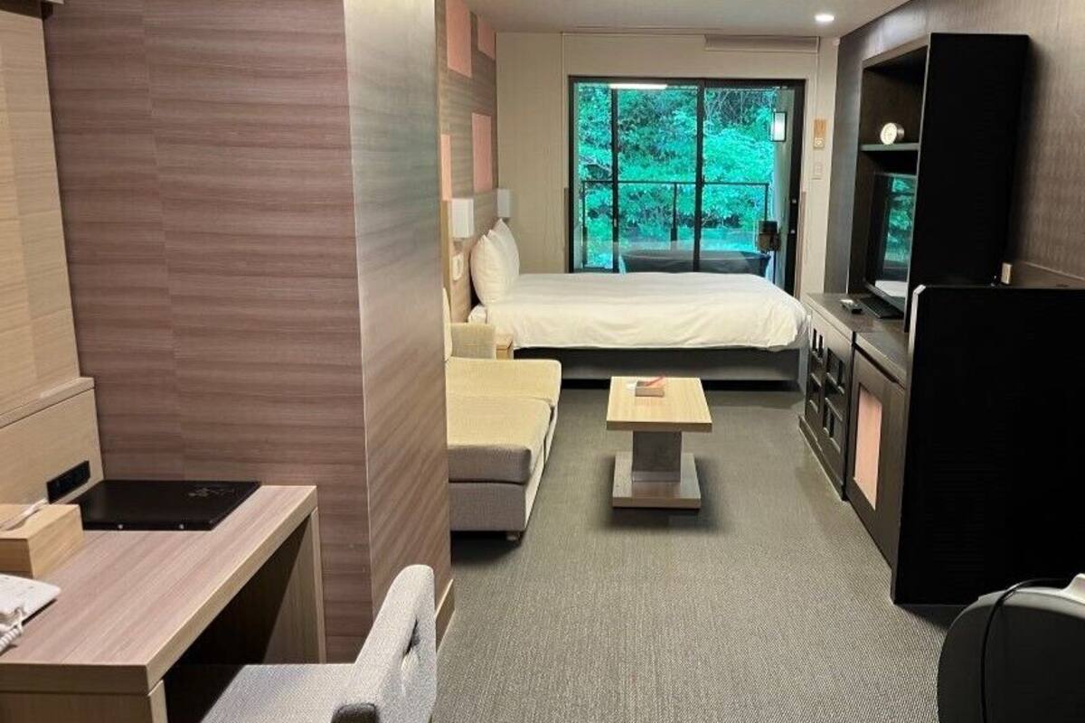A hotel room with a bed, a desk, a chair, a TV, and a view of greenery outside.