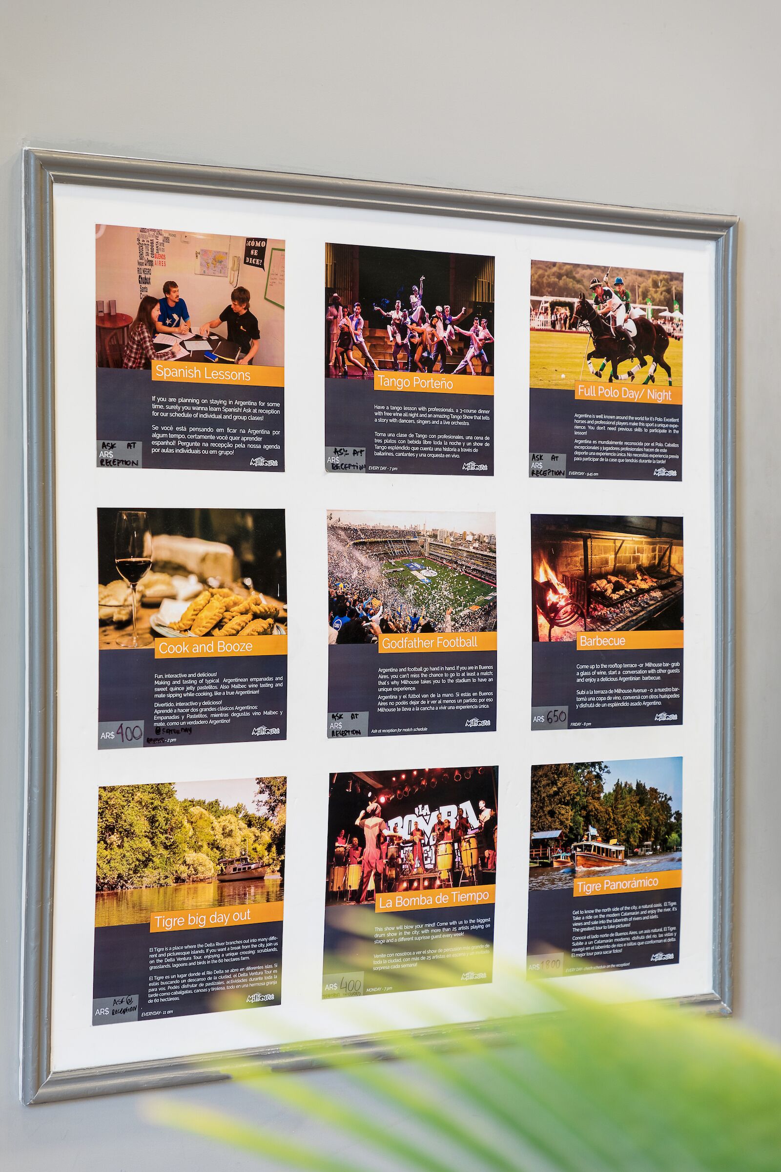 A framed collage of various activities and events, including Spanish lessons, Tango Porteno, Full Polo Day Night, Cook and Booze, Godfather Football, Barbecue, Tique big day out, La Bomba de Tiempo, and Tigre Panoramico.