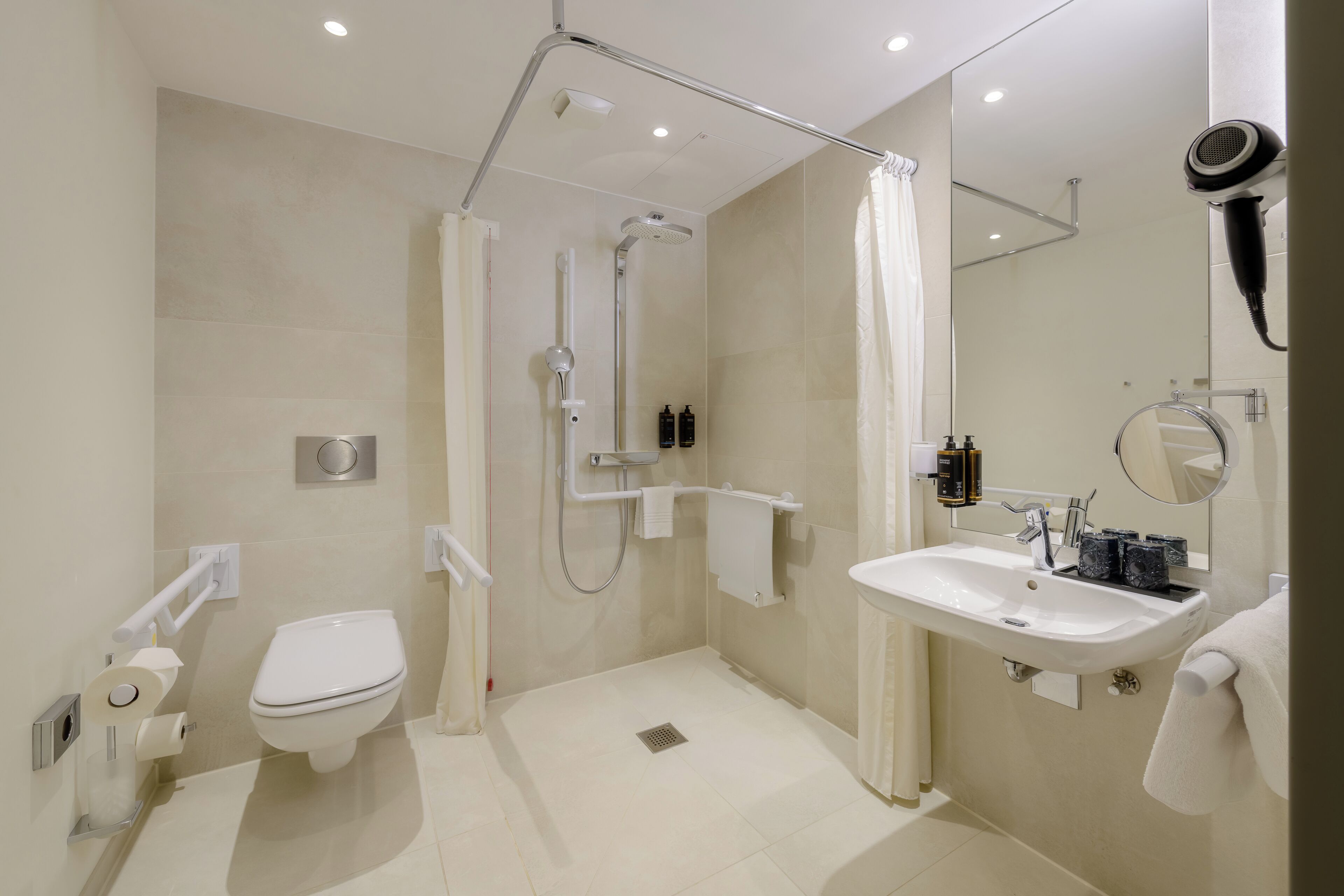 standard room, 1 queen bed, accessible (accesible) | bathroom | eco-friendly toiletries, hair dryer, towels