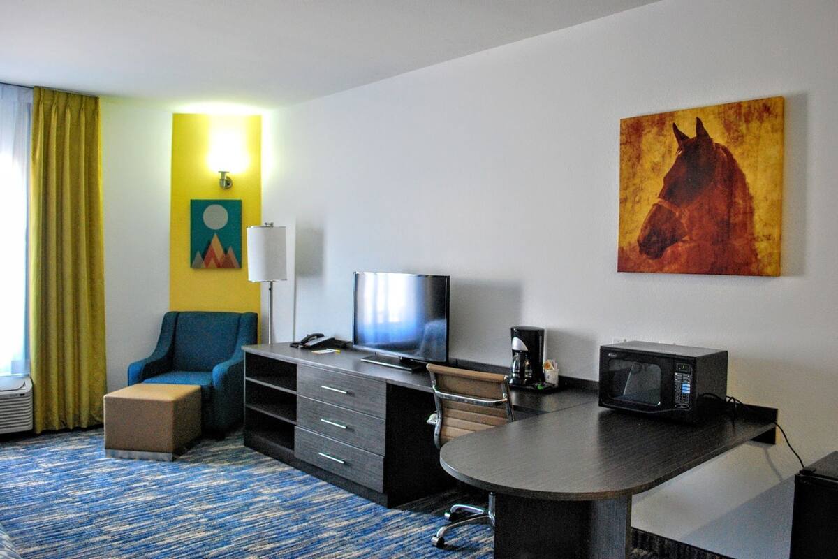 A hotel room with a TV, microwave, and a coffee maker on a table, a sofa, a desk, and a painting on the wall.