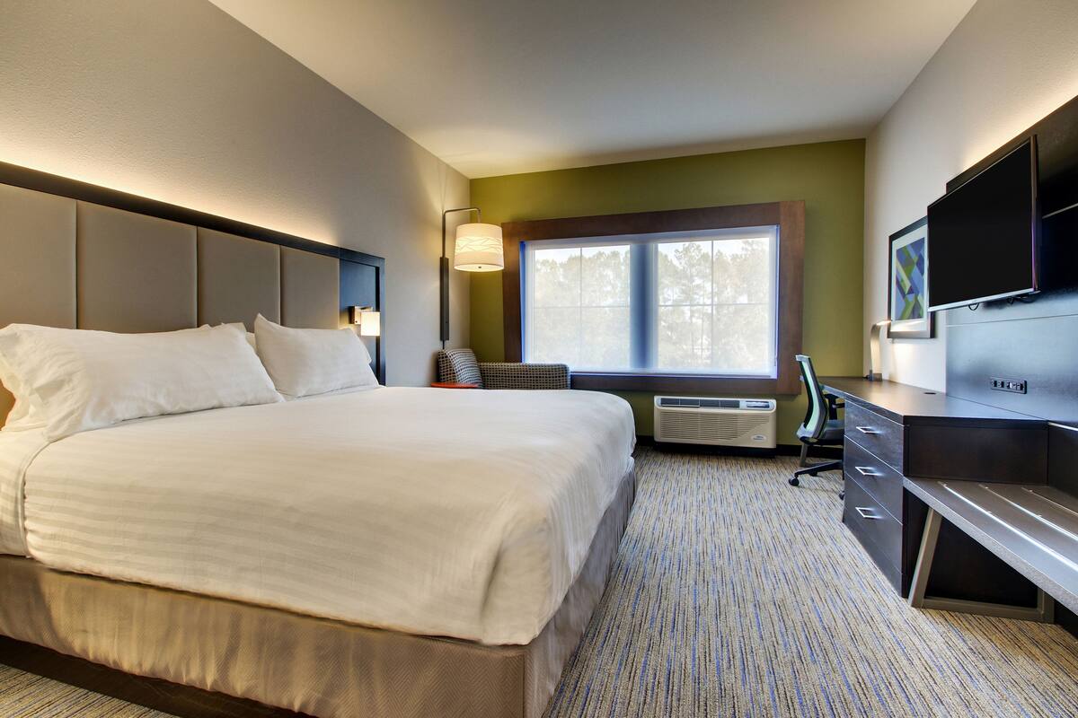 Een hotelkamer met een groot bed, een bureau, een stoel, een flatscreen televisie en een raam met uitzicht op bomen.