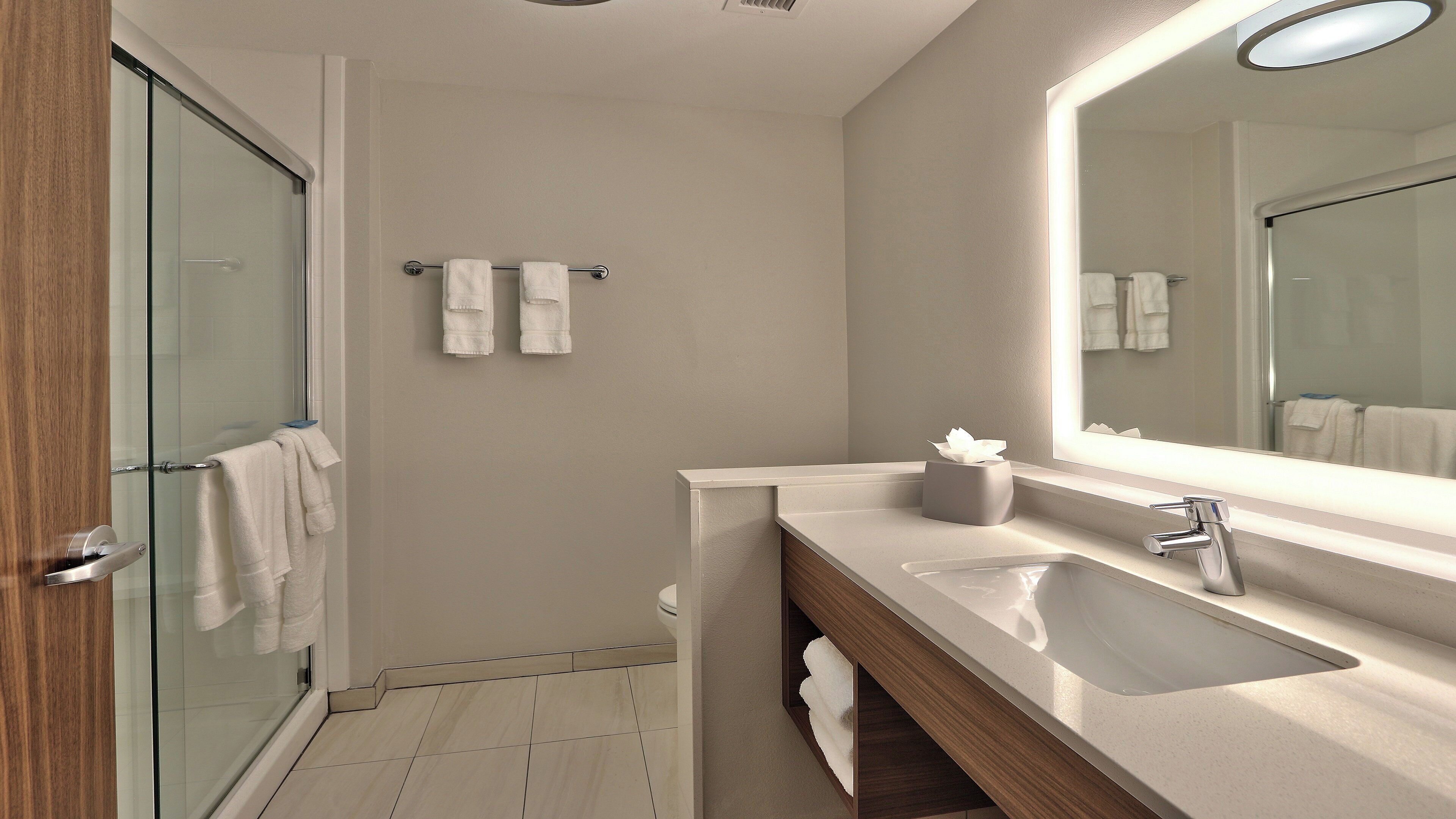 A modern bathroom with a glass shower enclosure, a vanity with a large mirror, and a toilet.