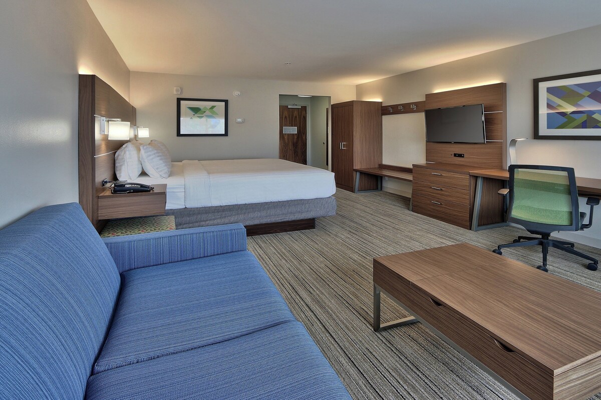 A hotel room with a bed, a sofa, a desk, a chair, a TV, and a framed picture on the wall.