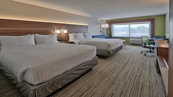 A hotel room with two beds, a desk, a chair, and a large window. - Holiday Inn Express and Suites Broomfield by IHG (Broomfield)