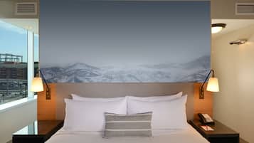 Premium bedding, pillowtop beds, desk, laptop workspace