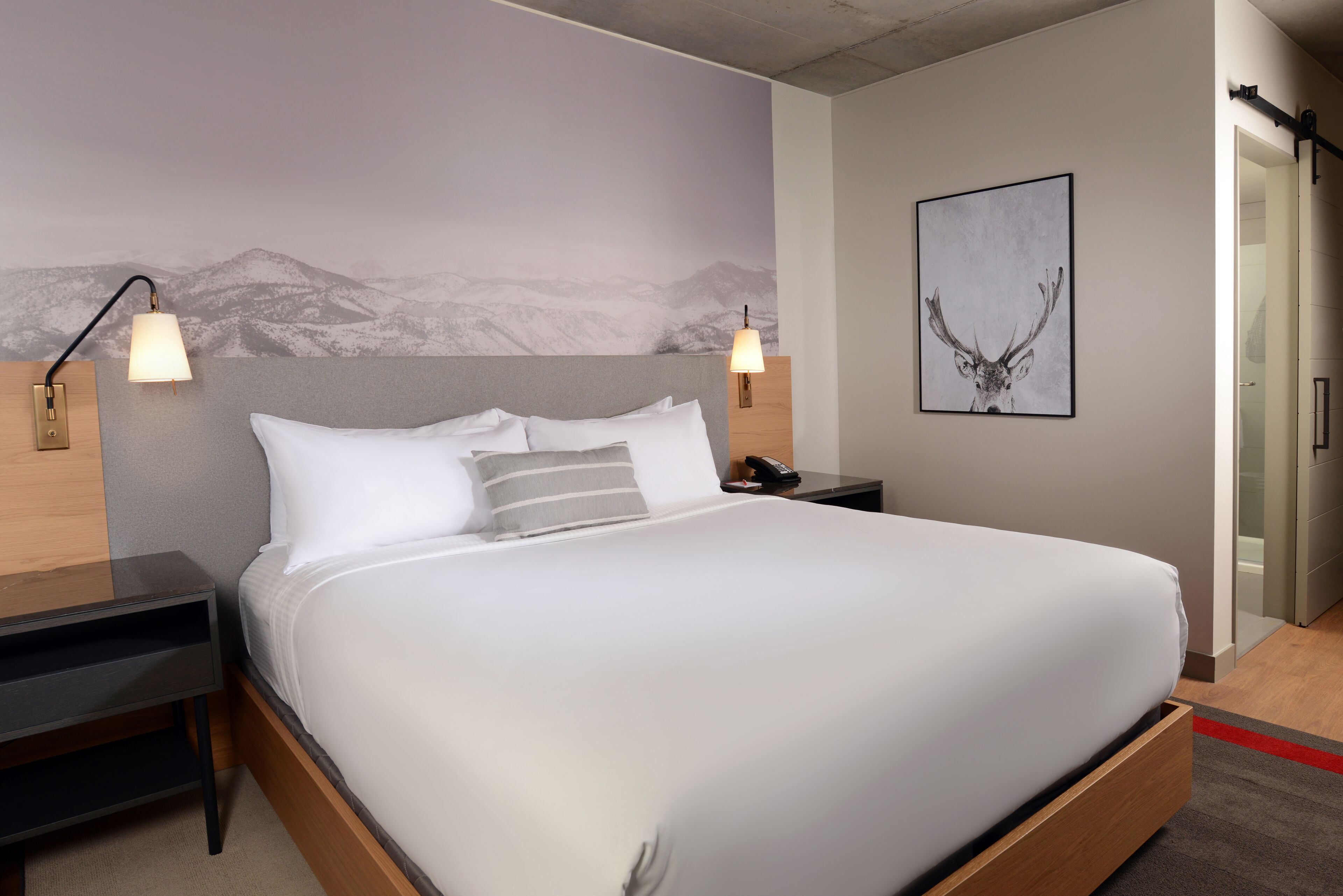 Een moderne hotelkamer met een groot bed, twee nachtkastjes, een wandlamp, een lijst met een afbeelding en een deur naar de badkamer.