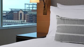 Premium bedding, pillowtop beds, desk, laptop workspace