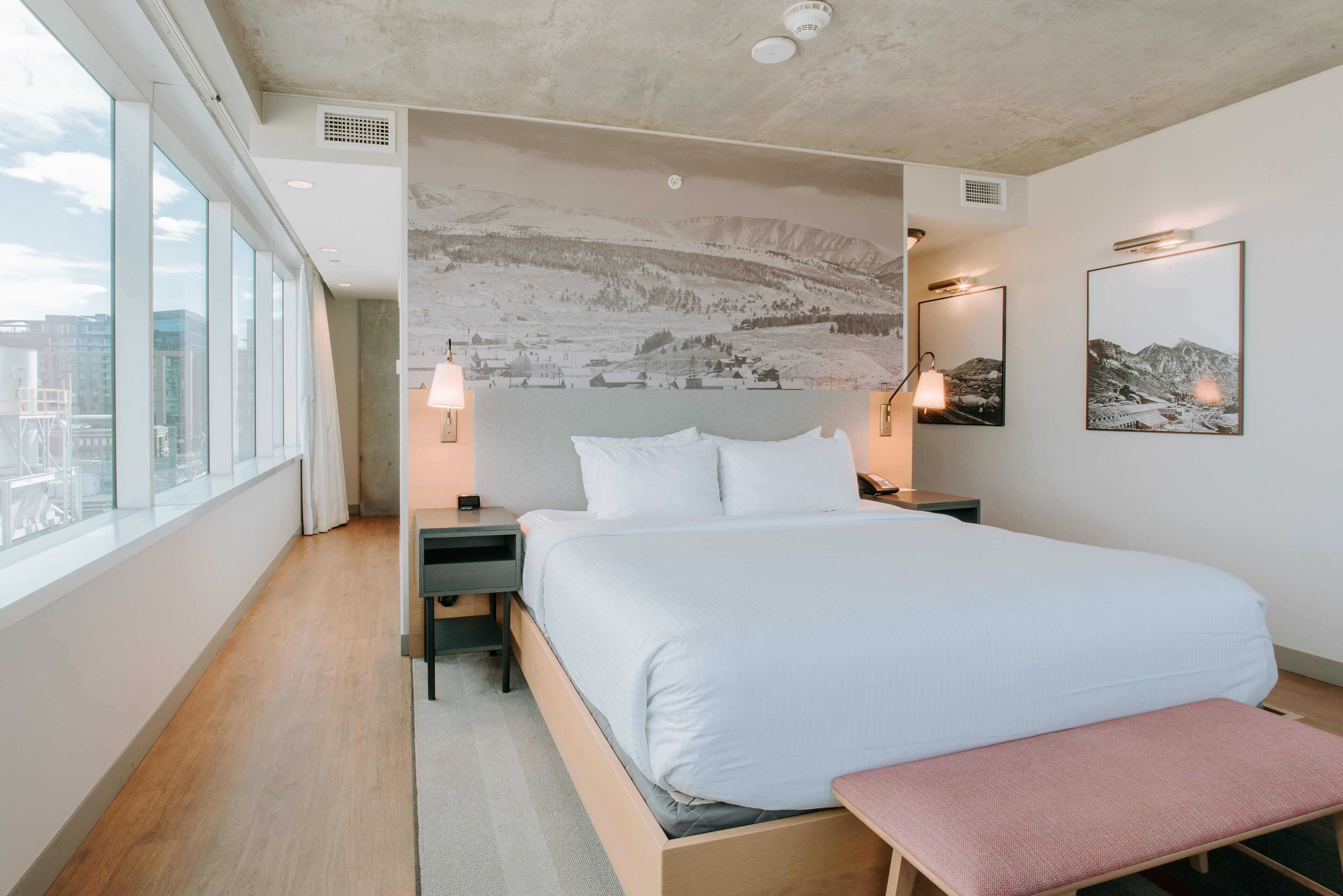 Premium bedding, pillowtop beds, desk, laptop workspace
