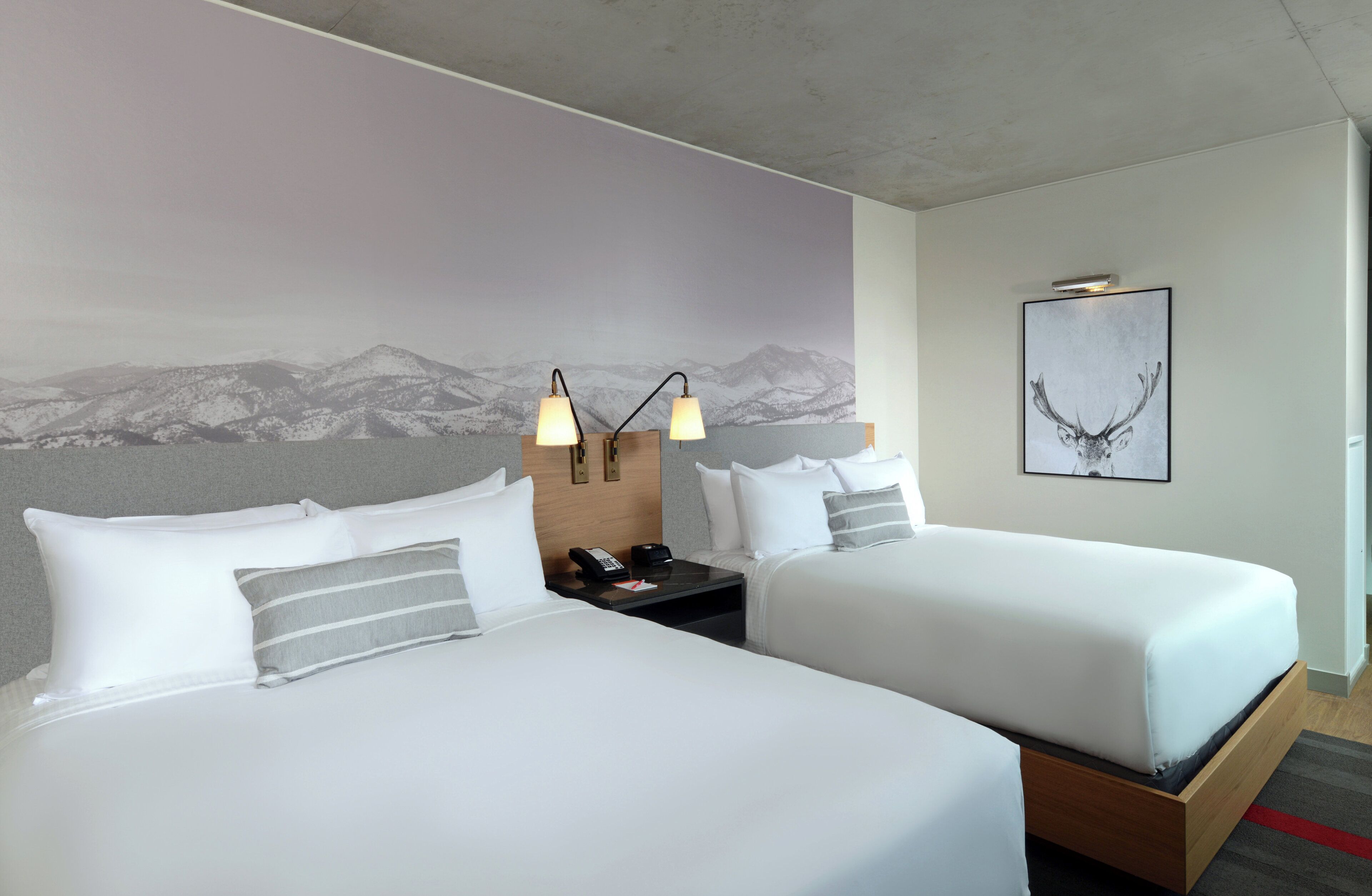A hotel room with two beds, a nightstand, a lamp, a painting, and a mountain view on the wall.