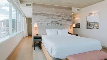 Premium bedding, pillowtop beds, desk, laptop workspace