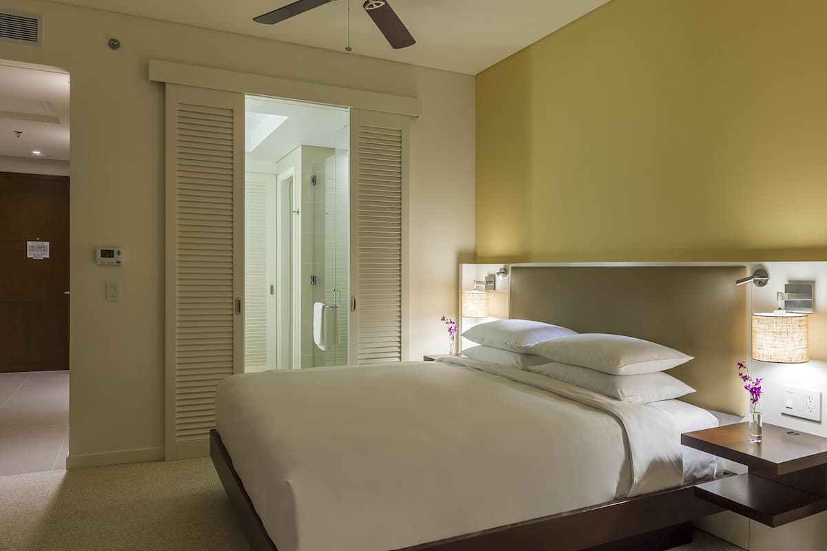 A hotel room with a large bed, a bedside table with a lamp, and a view of a hallway with a door.