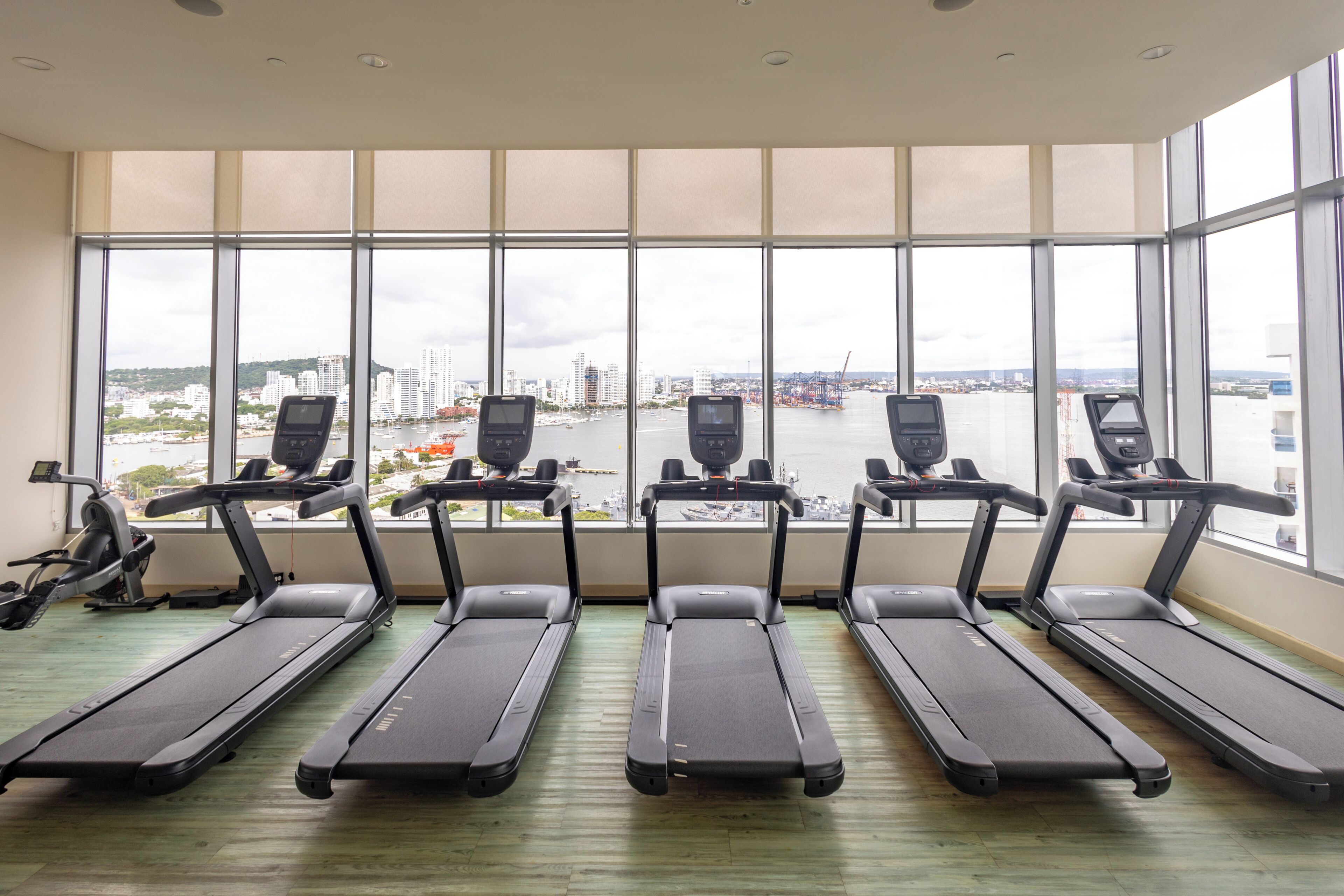 A gym with treadmills aligned in front of large windows overlooking a cityscape and a body of water.