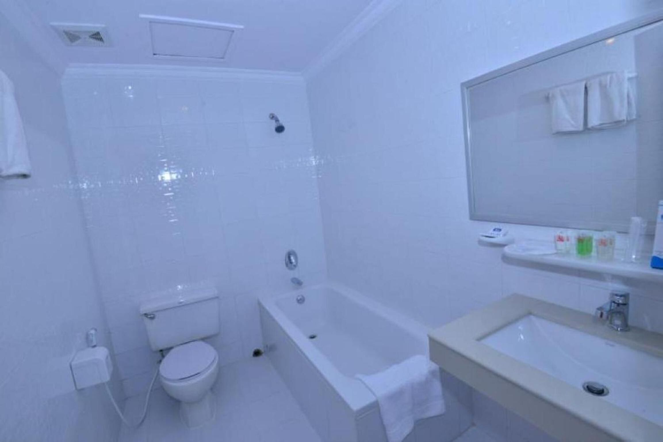 Een moderne badkamer met toilet, bad en wastafel.