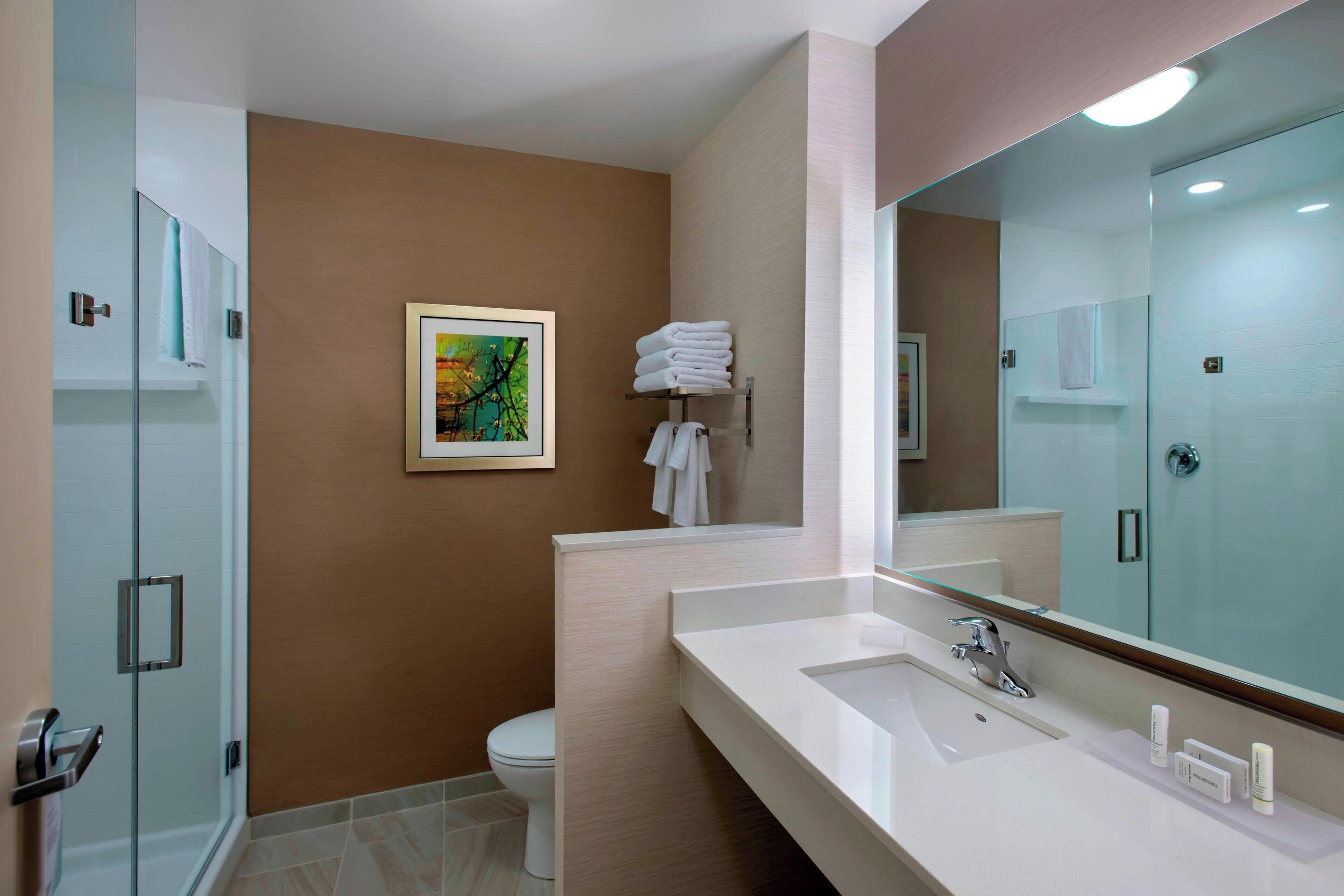 combined shower/bathtub, free toiletries, hair dryer, towels