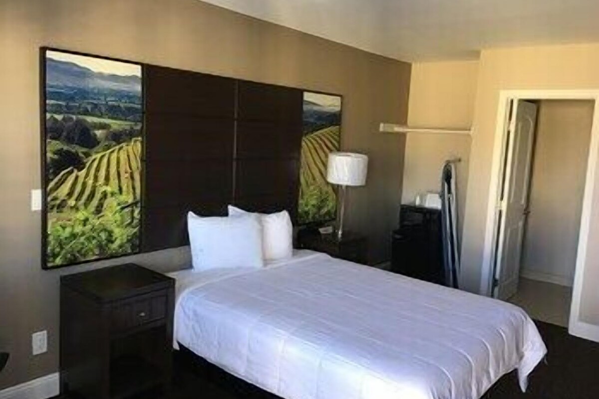 Una habitación de hotel con una cama grande, una mesita de noche, una lámpara y un cuadro de viñedos en la pared.