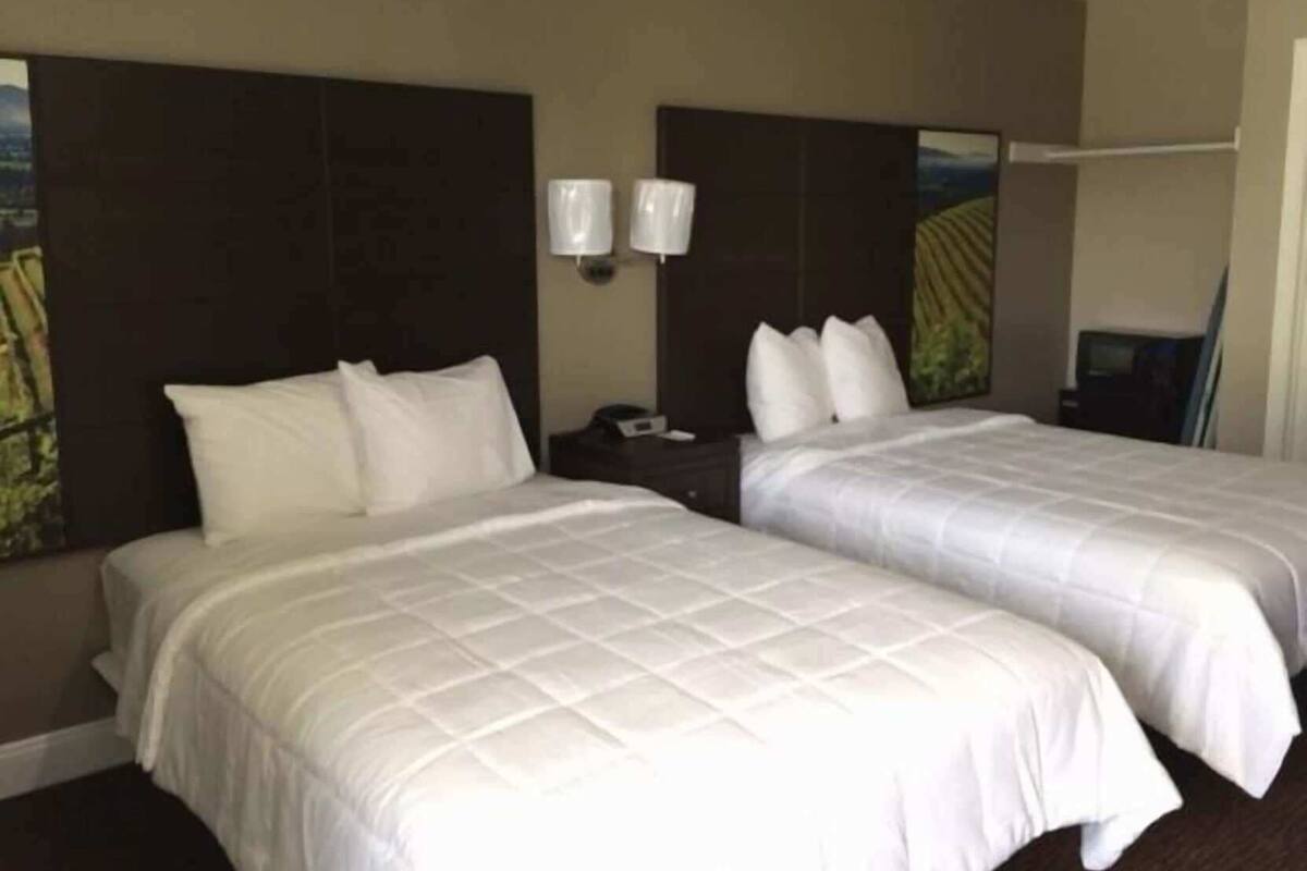 A hotel room with two beds, a nightstand, a wall-mounted lamp, and a television.