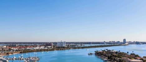 A marina with numerous boats docked, a clear blue sky, and a cityscape in the background.
