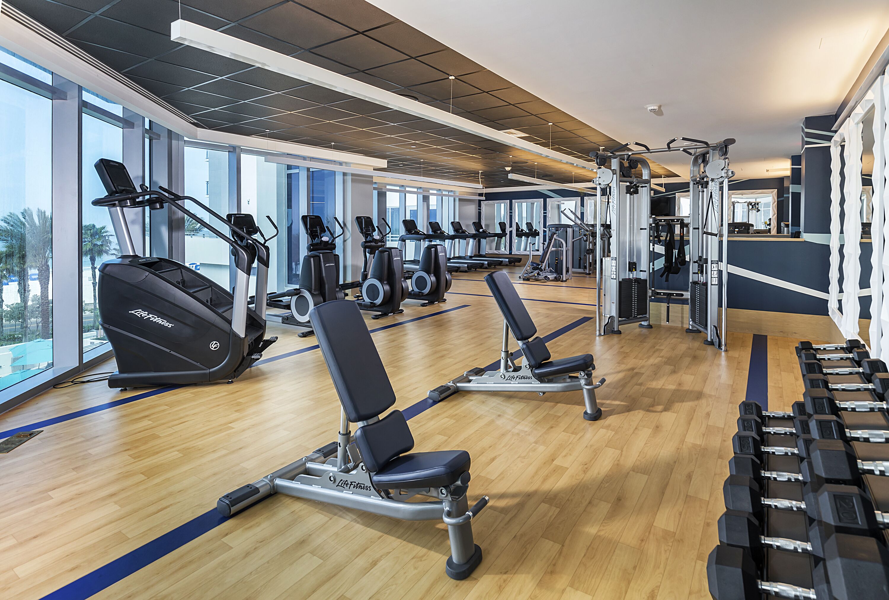A gym with cardio machines, weight benches, and free weights.