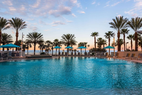 Outdoor pool, pool umbrellas, pool loungers