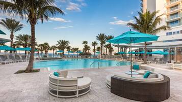 Outdoor pool, pool umbrellas, pool loungers