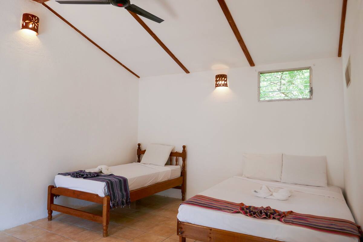 A room with two wooden beds, a ceiling fan, and a window with a view of trees.
