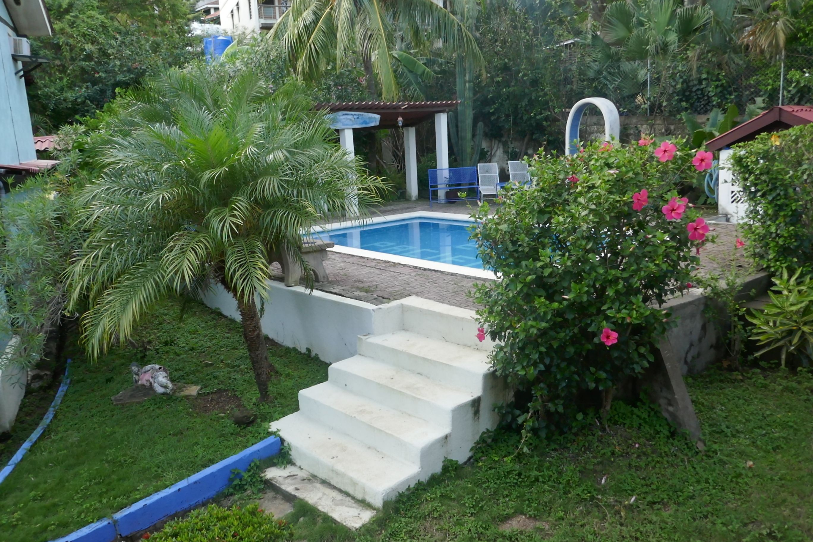 A swimming pool with steps leading down to it, surrounded by lush greenery and a small covered structure.