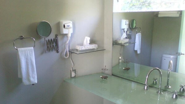 A bathroom with a glass sink, a mirror, a towel rack, a soap dispenser, and a toilet. - Casa Tepoztlán (Tepoztlán)