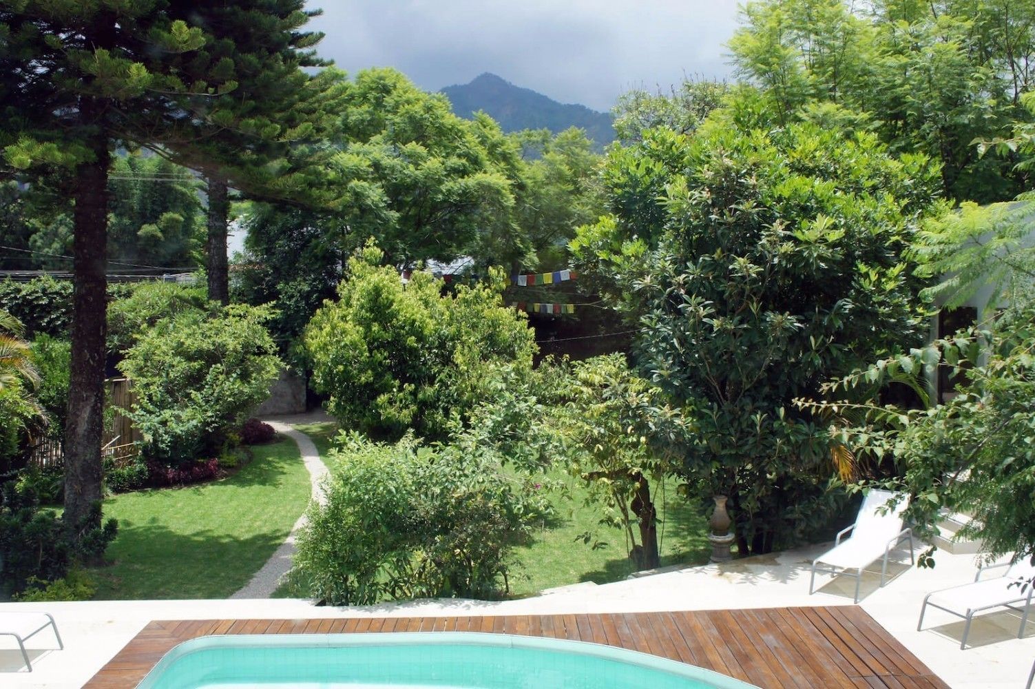 Área de piscina com deck de madeira, cercada por vegetação exuberante e árvores.