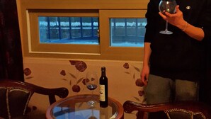 Una persona sosteniendo una copa de vino en una habitación con vistas a un cuerpo de agua y colinas. Hay una mesa con una botella de vino y una copa encima.