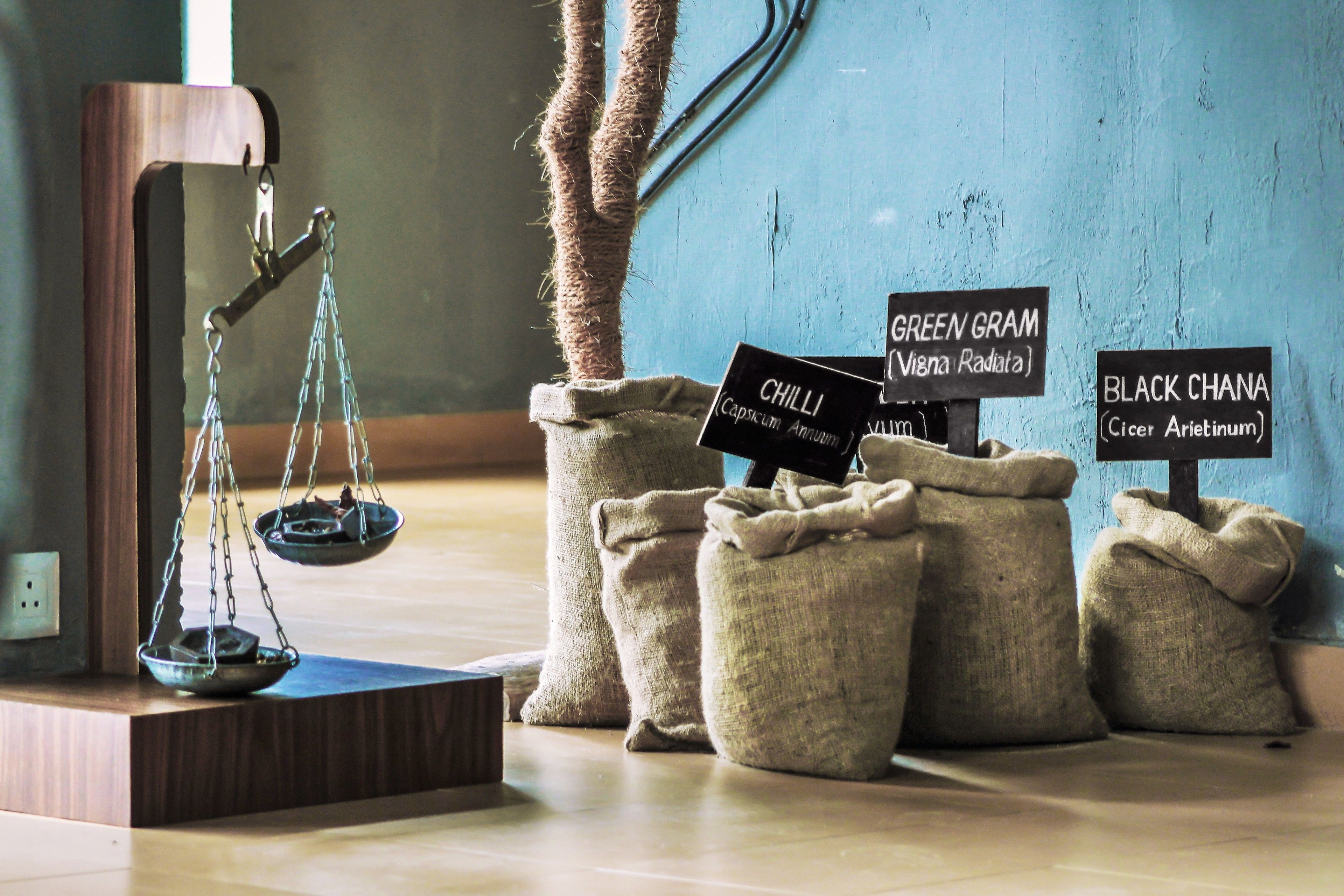 A scale with bags labeled 'Green Gram', 'Chilli', and 'Black Chana'.