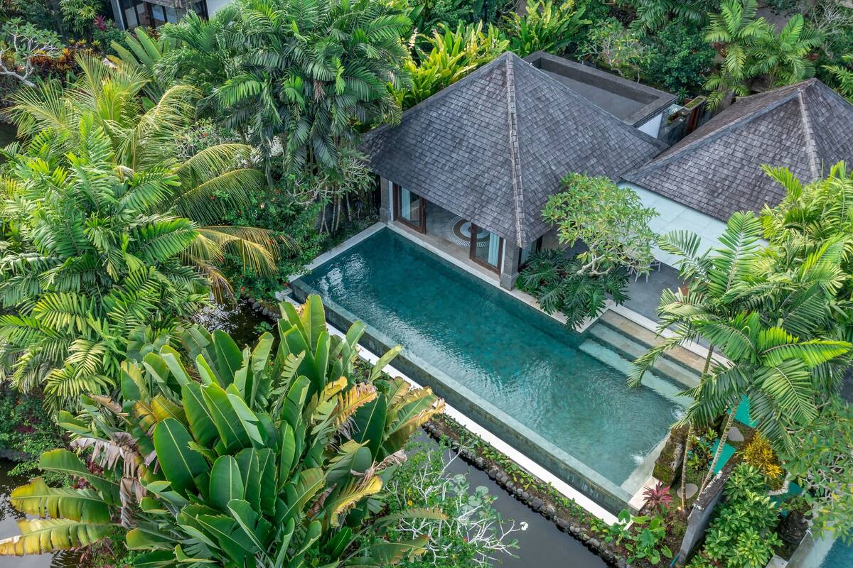 A tropical resort with a swimming pool surrounded by lush vegetation and a house with a tiled roof.