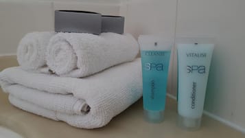 Shower, free toiletries, hair dryer, towels