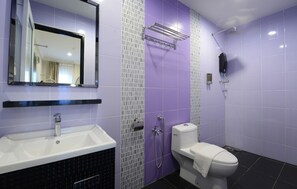 Shower, rainfall showerhead, hair dryer, slippers