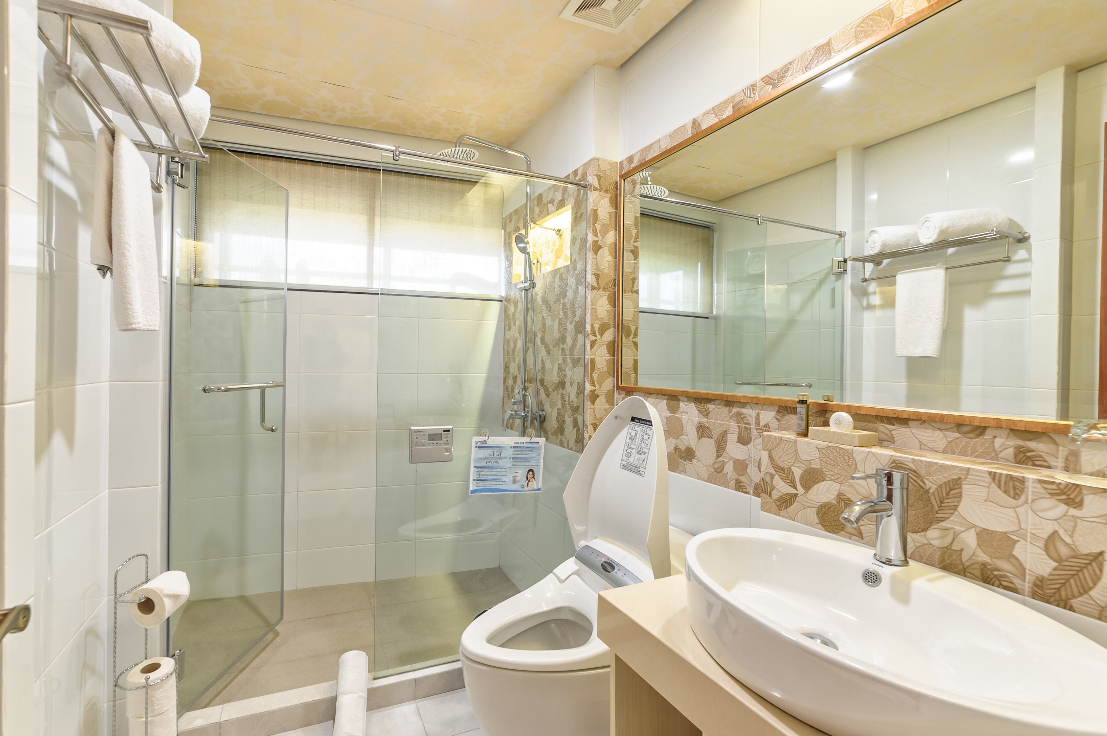 A modern bathroom with a glass-enclosed shower, a toilet, and a sink with a large mirror.